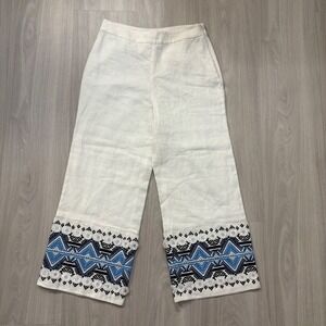 ALEXIS Pants Women White Linen Cropped Wide Leg Pants Embroidered Trim Size L